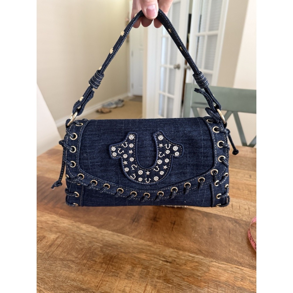 True Religion Denim Shoulder Bag Studded Horseshoe Logo Y2K Baguette Whipstitch